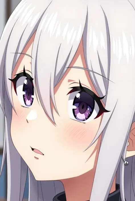 White hair, long hair, long lashes, My Hero Academia anime style ,  MHA style , beautiful eyelashes ,  original female character , pink lips , Screenshot of My Hero Academia. Screenshot of Boku No Hero , light makeup , small silver earrings. Full body imag...