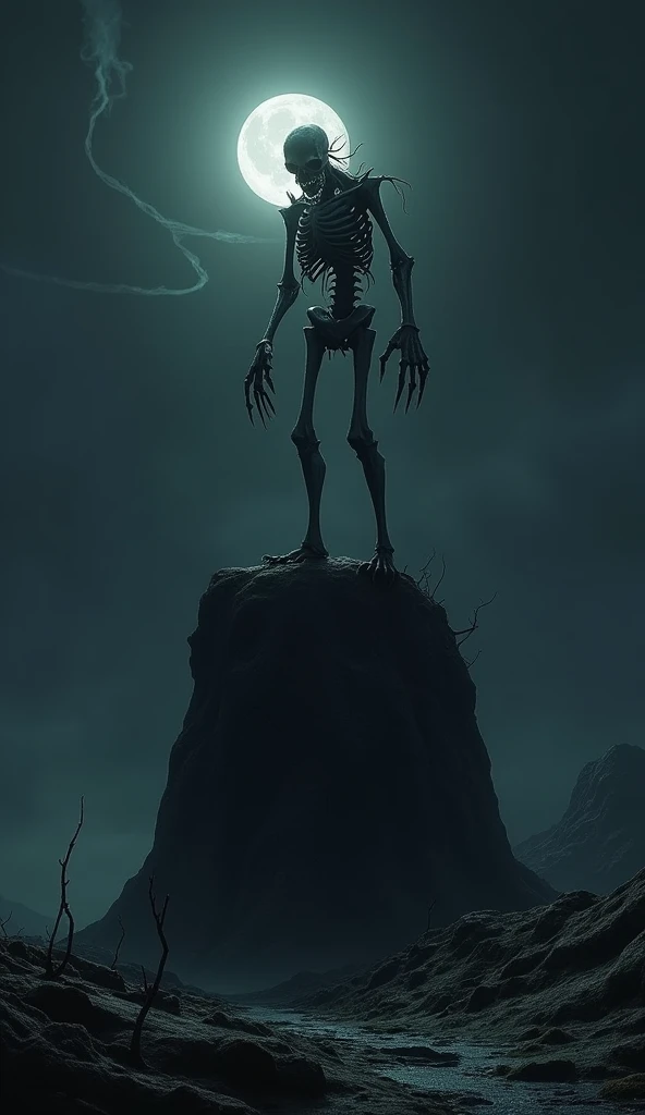 A creepy humanoid figure at night placed on a large stone