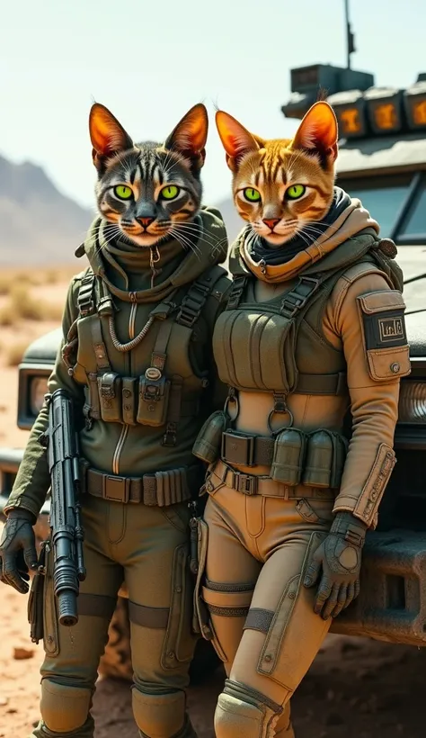 A couple of humanoid cats with piercing green eyes, dressed in military-style camo jackets covered in tactical straps, grenades, and ammo belts. The male holds a futuristic sniper rifle, and the female carries a menacing energy whip crackling with electric...