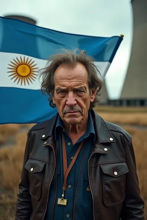 A photo of a person like Montgomery Burns outside a nuclear plant but with the face of Javier Milei wearing a leather jacket and an Argentine flag