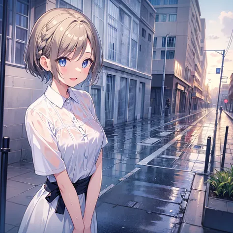 masterpiece,  top quality , illustrations,  wallpaper,  super detailed ,  absurd ,  one girl , Alone, (You had medium short hair 、 short braided hair),  beautiful detailed eyes, Rainfall、Dripping Water、Wet your hair ,  wet close , (street:1.3), Cloudy sky、...