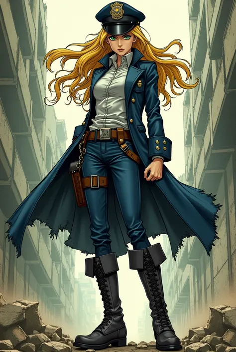 Jojo comic panel make a girl with blonde hair wearing a police uniform all ragged and with green eyes and long boots