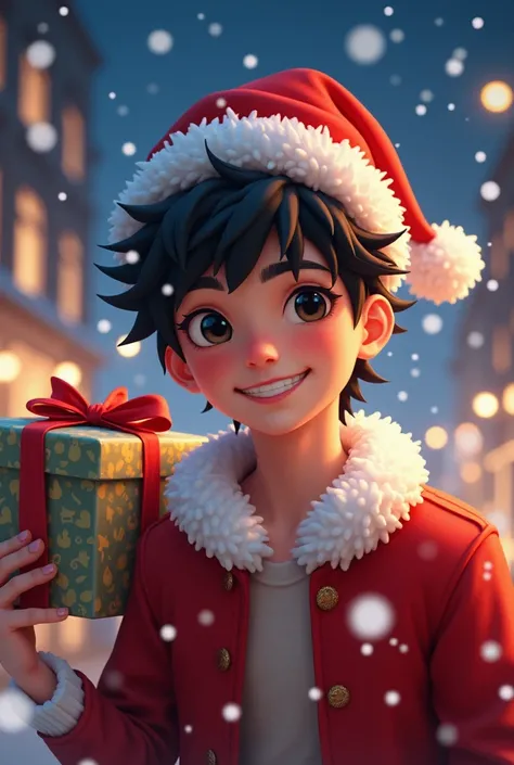  Christmas , Black hair, male, Santa hat, Snow flurries,  dark eyed,  smiley face, Urban scenery, presents, night view