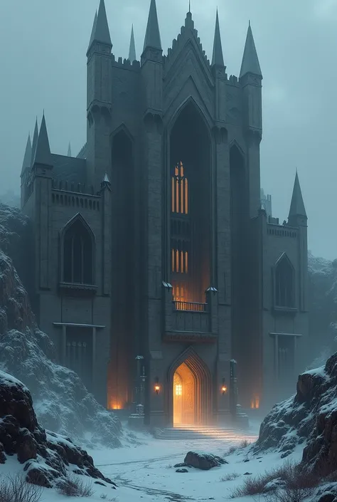  Castle and Medieval Kingdom in winter brutalism and a little art deco, with gray and black colors illuminated by torches 