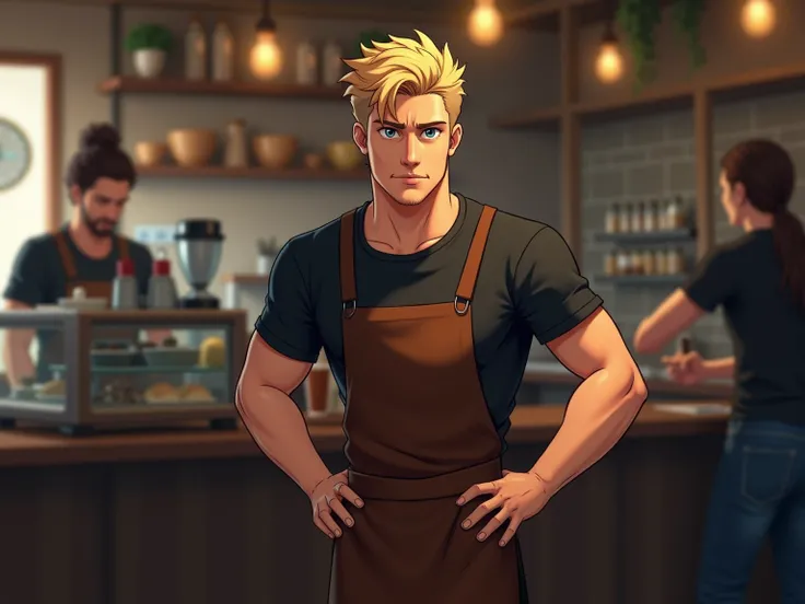 man with pearl blond blue eyes in black t-shirt black pants with brown apron at work annoying location a coffee shop   