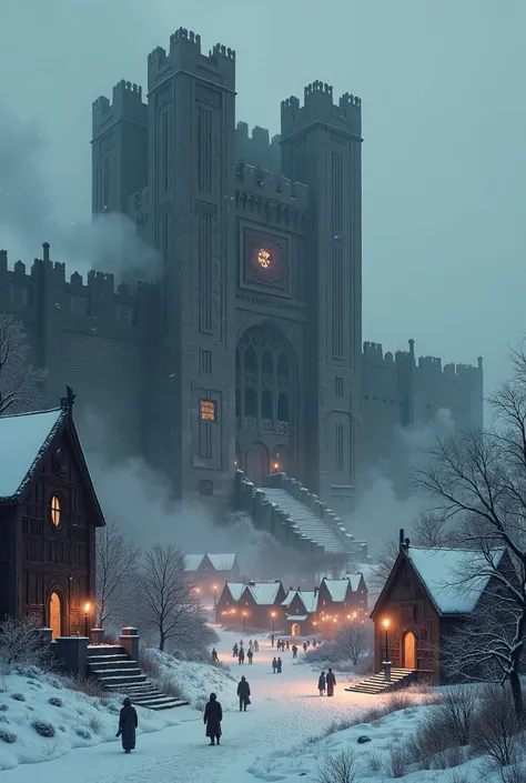 A Kingdom with a village and a medieval castle in the middle of winter ,  brutalism and art deco colors black and gray with the lighting of torches as if they were lights 