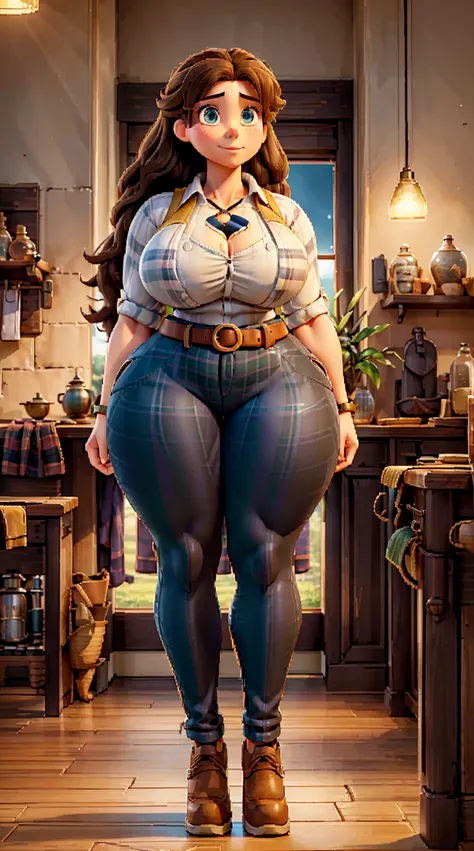 Woman, 25 years old, 1.93m tall. 120kg. Strong and curvy amazonian BBW. Very broad shoulders. Very long legs. Enormous, slightly pointed bosoms. Wearing tight flannel buttoned shirt, half unbuttoned, cleavage. Mohair trousers. Nylon belt, big belt buckle. ...