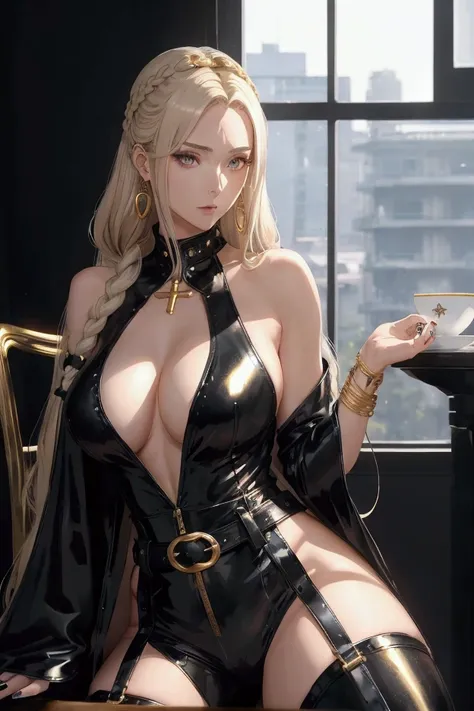 (1 woman,  anime style , 2D, detailed, imaginative,  good resolution , realistic features) a tall and sexy woman with mature features ,  with a well-proportioned sensual body with large breasts ,  platinum blonde hair subtle light purple reflections the ha...