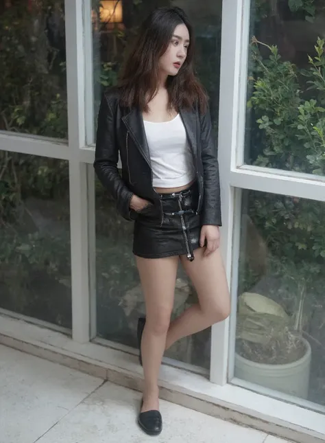  Chinese girl, age 20, white, cm. 185 White Skin Natural Symmetrical Beads Leather Jacket Suit Leather Jacket Available,  sexy black pencil skirt , Casual Cafe Standing Pose Cat Eyes  