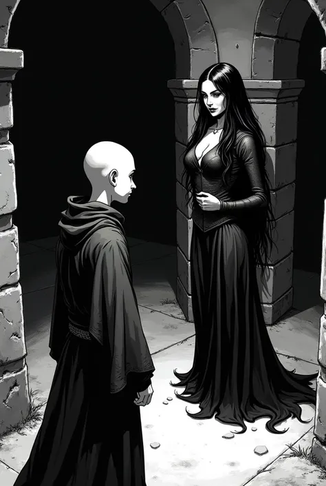 In the 2D black and white comic style, create a young monk talking to a beautiful trapped vampire