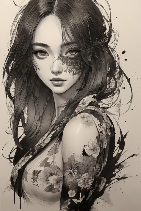 masterpiece,  top quality ,  ink painting beautiful woman in yukata ,  ink painting in the style of artists like Russ Mills, sakimichan, Wow, Reusch,  ART GEL ,  Darek Zablocki , And Jean＝ Baptiste Monge 