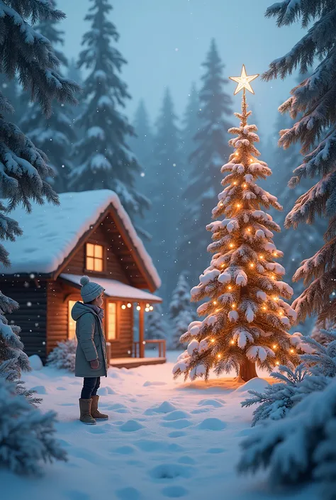 a snowy landscape, 1girl, christmas tree, wooden house, forest, (best quality,4k,8k,highres,masterpiece:1.2),ultra-detailed,(realistic,photorealistic,photo-realistic:1.37),snow, winter, cozy, warm lighting, festive, pine trees, holiday, magical, atmospheri...