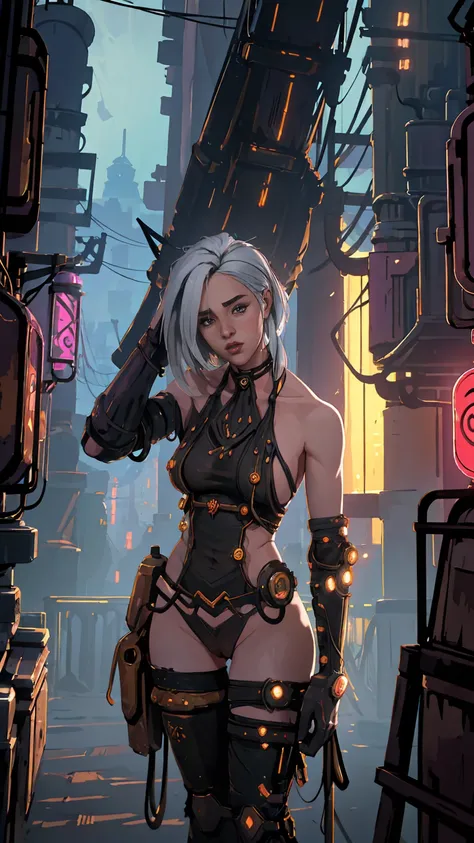 (a half naked young girl walking down the street landscape:1.3),(very long white hair:1.2),(one-length haircut:1.3),(cyberpunk buildings in the background:1.3),(steampunk buildings in the background:1.3),(steampunk) ,steampunkai, (gloves),(night:1.4), (mas...