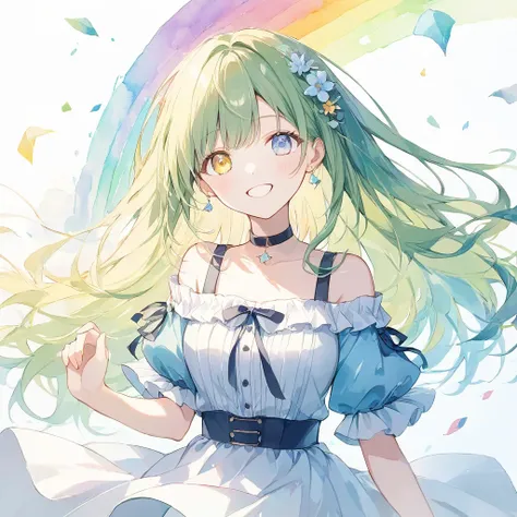 ((pastel、  Watercolor Style  ))、1 female, black off shoulder dress, Volume Sleeves ,smile , yellow-green hair ,diagonal,  rainbow heterochromia,(( yellow eyes)),(( Light Blue Eyes )) ,Laughter,piece, happy,  Moderate Blur  , Strong vignette , soft colored ...