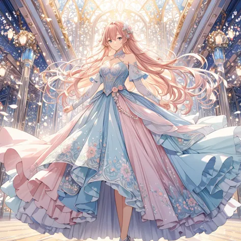 Top quality, full body, Age 30, super detailed , beautiful girl, , Playful and engaging. The girl&#39;s dress is delicate, Flowing fabric that dances in the wind. The colors are soft pastels,   the bodice fits perfectly  .  The bodice, which is emphasized ...