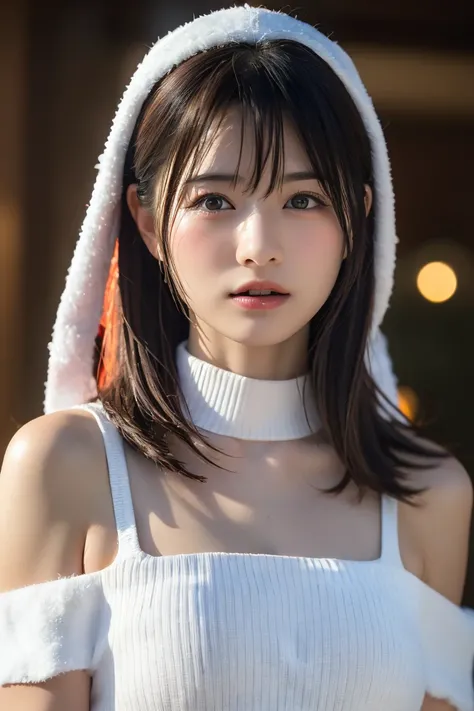 (8k,  RAW photo, top quality ,  High Definition :1.1), (超 realistic な:1.4),( realistic ,  realistic :1.3),Japanese Beauty、(( Santa Costume ))、(( upper body:1.3)), Christmas、 Christmasツリー、 Christmasプレゼント