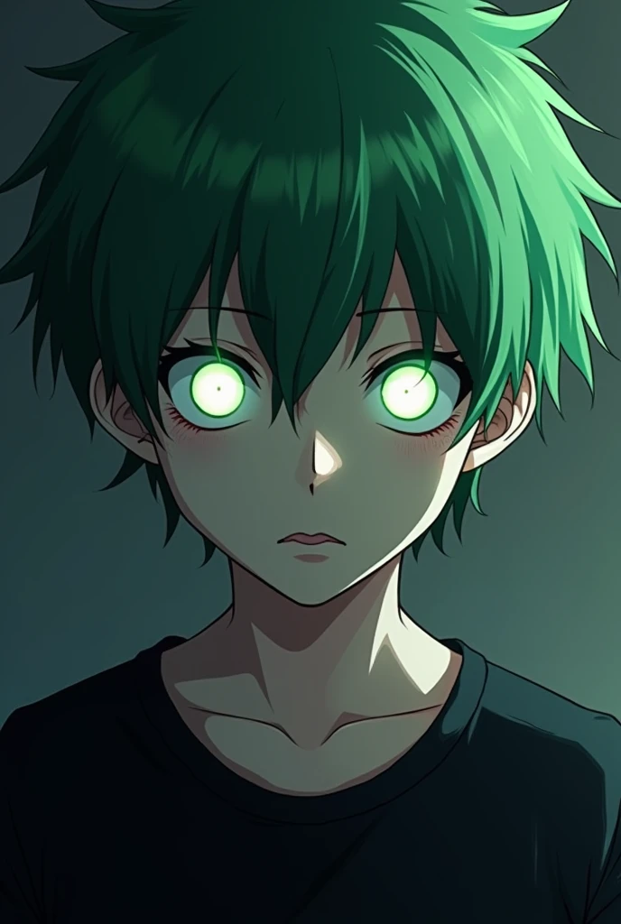 anime boy with green hair and black shirt staring at something, ken kaneki, with glowing eyes, 2 d anime style, face is brightly lit, kaneki ken, anime shading), perfect anime face, detailed anime face, flat anime style shading, glare face, by Shingei, ins...