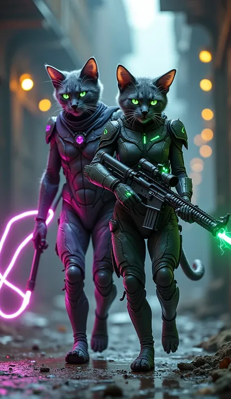 A pair of humanoid cats, one with deep violet fur streaked with luminous silver markings, and the other with smoky gray fur and glowing green bio-enhancements. The male wields a long, glowing energy whip that flickers like lightning, while the female carri...