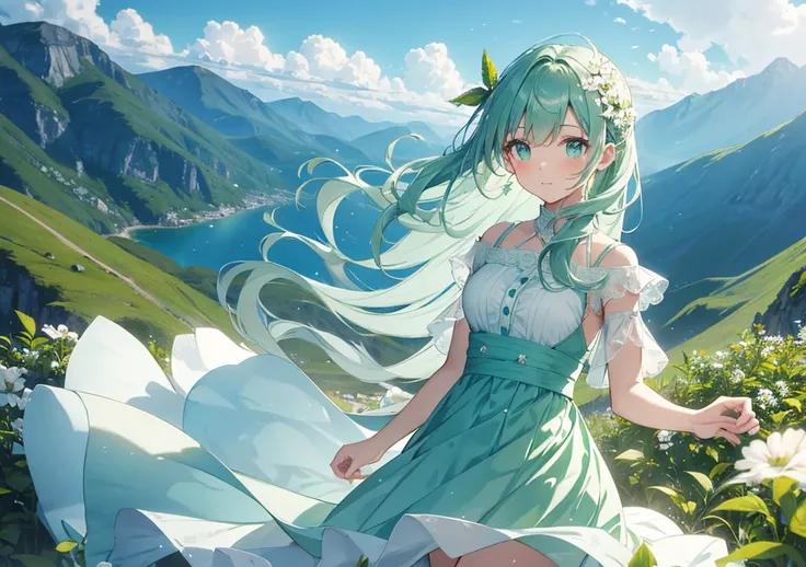 A beautiful girl dressed in mint green and white stands on top of a pure mountain. In a scene that evokes the cool and refreshing scent of mint tea, her hair and dress flutter in the wind, and in the background is a refreshing blue sky and mint leaves sway...