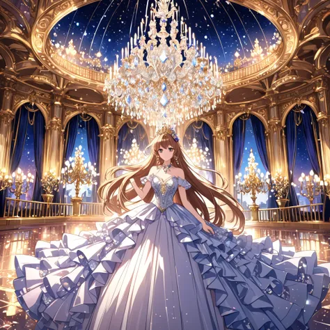 Dramatic composition, Court dress, Royal, nice, Cascading Ruffles, Raffle, bow,  crystal chandelier , Swirl Hairstyles, Place,   double ponytail like a drill ,  camera , bangs,   Maximalism  , Palace-like background,  delicate hair and eye depiction ,  Pri...