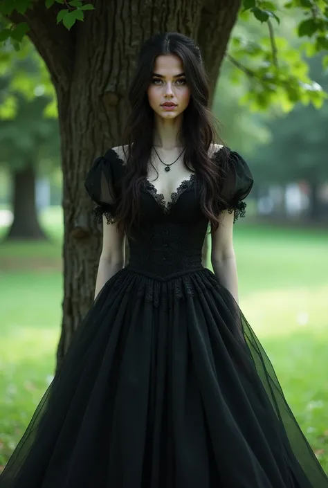  I want you to place her in a black gothic dress posing in a park, She is in front of a tree and there is air and a small breeze 