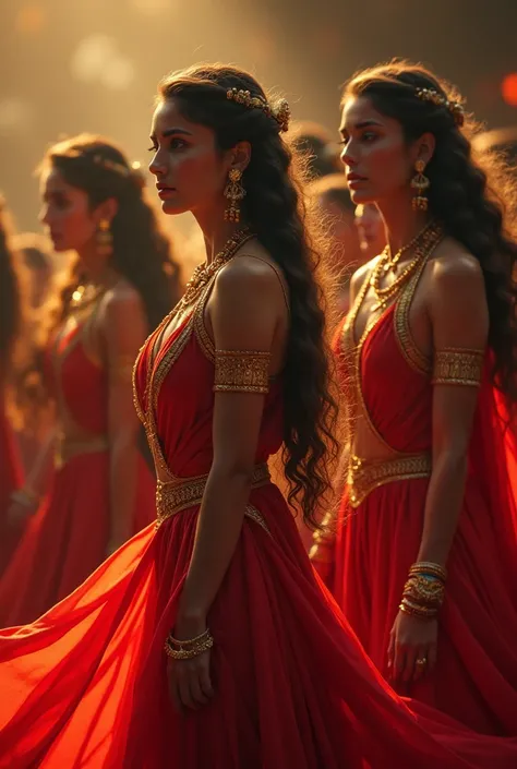 Cinematic image of women from indian mythology mahabharata with red clothes and gold ornaments