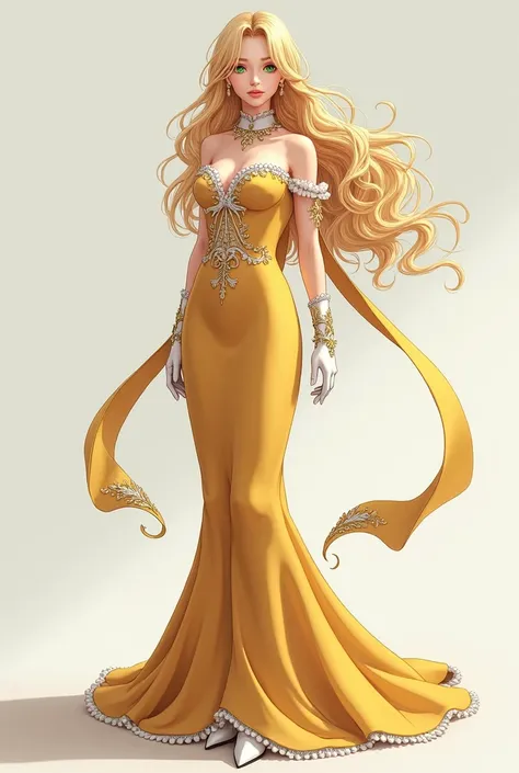 in anime style , an adult woman of 40 years, 1.80m high,  with green eyes and abundant blonde hair loose and shiny ,  wears a long gold dress with white edges , She wears white gloves and boots . 