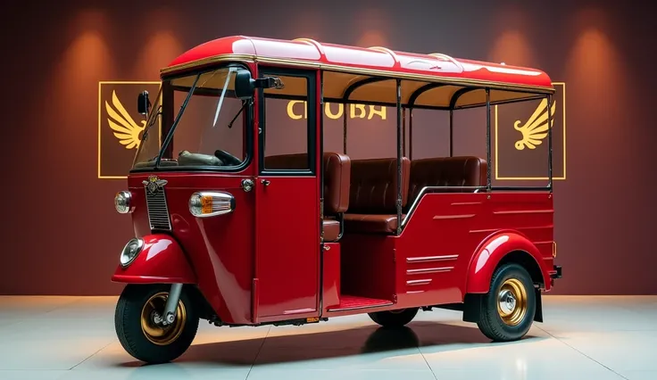 fully modified , displayed in showroom ,   Red.   wall on background, A large logo on full back wall look like real.    Shahi sawari Auto Rickshaws 