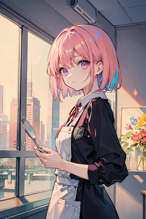 Waiter uniform, help, part-time job,  welcome,  1 girl, Big 1.3, Colorful clothes,  pink hair,  short bob, Side ribbon,  clear , unkind,  Light purple eyes, ((Heart Eye)), noticed, Pale background,,  colorful hair,  Messy Hair , Tonality, Romanticism, mode...