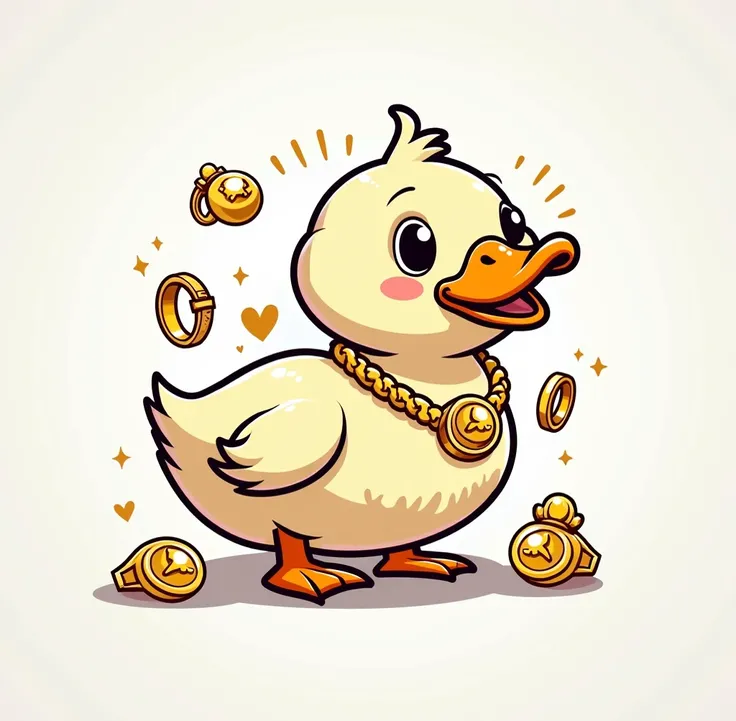 A cartoon duck, positioned centered in the image, is displaying various gold jewelry.  The duck is simple in design, with a large, round head, puffed cheeks, and an orange beak.  The ducks expression is neutral. It is holding multiple gold rings, watches, ...