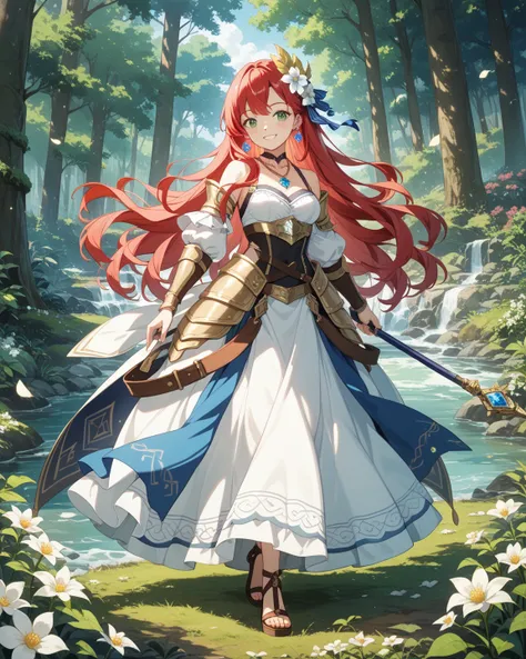 solo、２０Generation of women、Adventurer、Summoner、（（（Red Hair））） loose wavy long hair、Neo Sovage、Big Green Eyes 、Seems calm、Smile easyly 、White flower decoration on both sides of the head、 Edelweiss Hair Ornament 、Gemstone Earrings、 JEWEL NECKLACE 、 STRAKE UP...