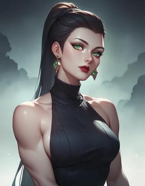 female black sleeveless turtleneck, bare shoulders, racerback, bare toned arms, beautiful faces, black ponytail with showing forehead, long ponytail, earrings, soft smooth skin, pale skin, foggy background, green eyes, sci-fi, high contrast, red lips