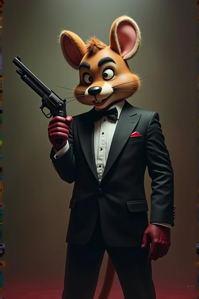 Chuck E. Cheese in a tuxedo with a gun