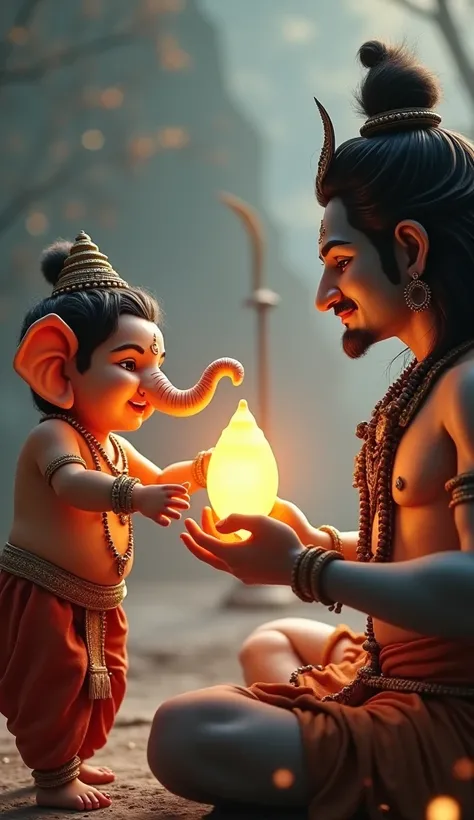 Create a highly detailed and realistic close-up shot of Lord Ganesha receiving the Ganapalam, the divine fruit symbolizing wisdom and knowledge, from Lord Shiva. Ganesha, with his gentle, joyful expression, holds his trunk slightly raised, ready to accept ...