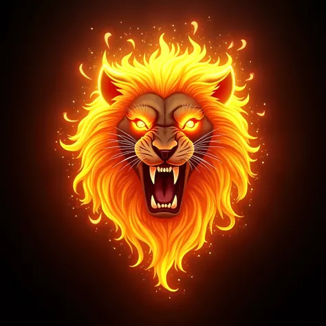 roaring lion face designed from bright fire flame black background