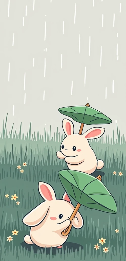 Two cartoon bunnies, light beige in color, are positioned in a grassy field. They are holding large, stylized green lily pads that serve as umbrellas.  The bunnies have large, simple, rounded features, including large ears and round bodies.  They are stand...