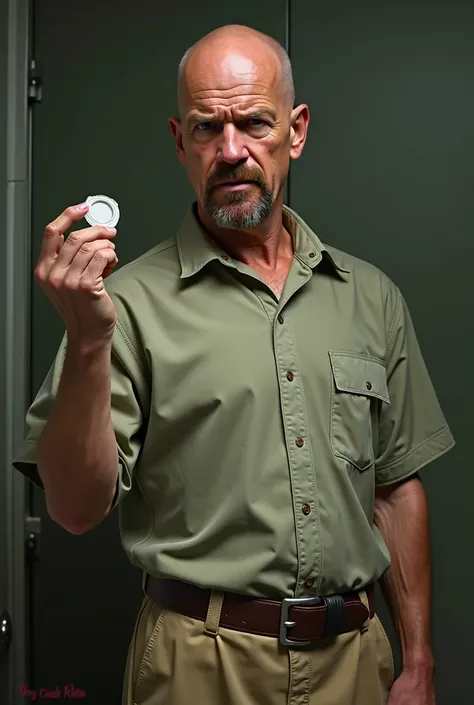 Walter White with a condom in his bundle in his hand, closer to your face and the condom in your square pack