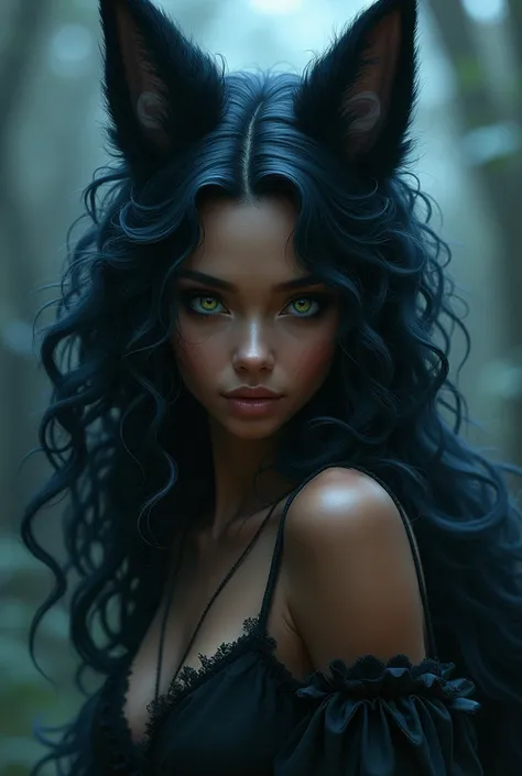 the art of painting, dark-skinned woman, green eyes, a pretty face ,  curly blue black hair ,  she has fox ears , She has nine black fox caldas,  shes a black kitsune  