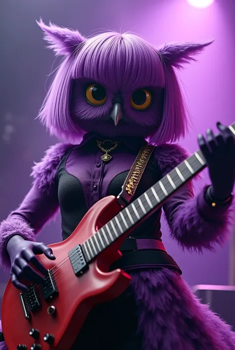 A purple owl  ,  female, usando uma peruca  female de cabelo liso curto,   playing a rock guitar