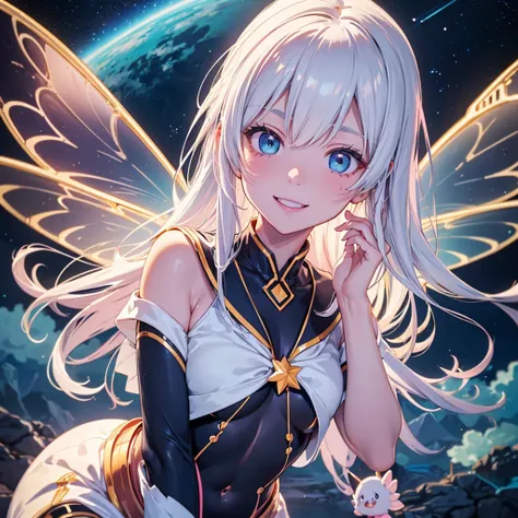 1girl, pretty face、Baby Face、((( Dynamic Best Composition 、 top quality 、 Masterpiece、High-definition CG、 super detailed 、32K)))、Neon tattoo all over body 、 fairy wings、 Milky White to Seven Color Gradation Hair Color、 best smile 、 happy、happiness、 sailor ...