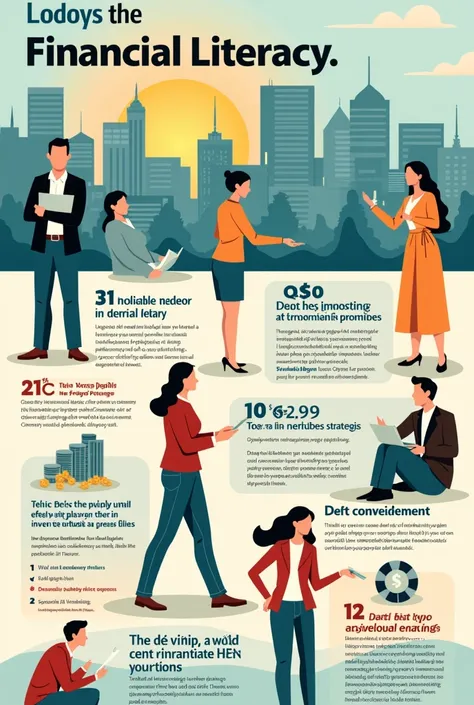 Poster about financial  literacy, with investment, for protection and security and Dept free, with savings,  secure financial future, financial planning. Insurance and more about financial literacy 