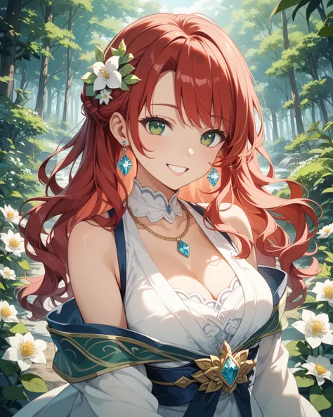 solo、２０Generation of women、Adventurer、Summoner、（（（Red Hair））） loose wavy long hair、Neo Sovage、Big Green Eyes 、Seems calm、Smile easyly 、White flower decoration on both sides of the head、 Edelweiss Hair Ornament 、Gemstone Earrings、 JEWEL NECKLACE 、 STRAKE UP...