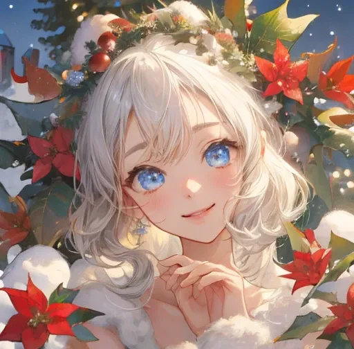  christmas illustration，，(  High Quality  , 8k), garden, Wooden bench,  More beautiful more beautiful、Woman in Santa Claus costume with poinsettia flowers in her hair,  More beautiful than Kirraアートwork,  More beautiful than Kirra,  More beautiful than Kirr...