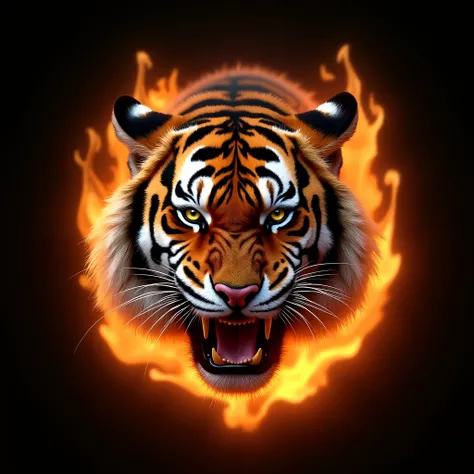 real roaring tiger face designed from bright fire flame black background