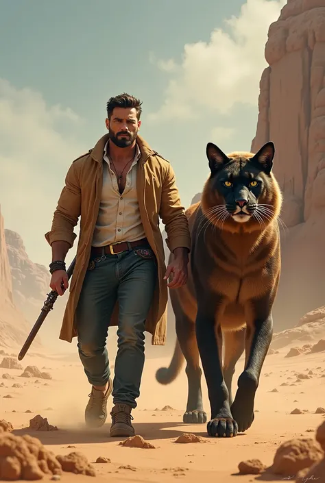 A handsome handsome man walks with a black to brown giant cat against a desert background