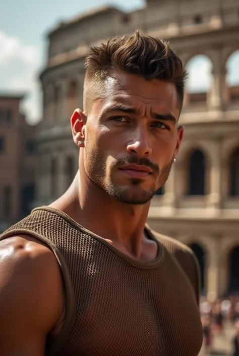 in coloseum backround, hair, haircute, half hard body, ruggedly handsome, muscular, half body, masculine, mature, Retrato de un joven, Muscular very handsome and attractive  nude german men, sharply cut features, A 40 years old male, Retrato de un joven, r...