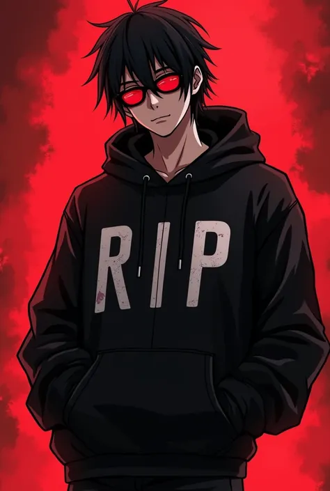 Anime manupalator wearing black sunglasses with black hoodie and black pants with black straight hairs and his hoodie says RIP in white he is male light skinned and can kill anyone who is in his way he is laughing like kira from deathnote like crazy his ey...