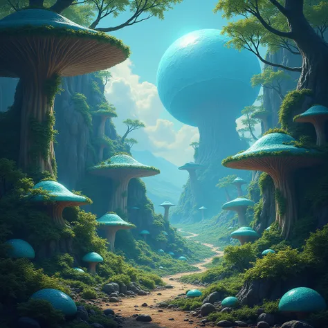 Planet havarl, beautiful fantasy colors, mass effect havarl  blue-green mushrooms, fantasy alien-like animals