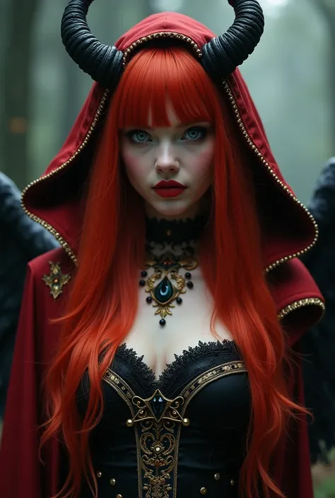 Beautiful young woman, beautiful face, make up, young face, 19 years old, Red Riding Hood, Red coat with red hood on the head With gold pattern,demonic, seductive,black and red wings, black with gold horns,demon horns, nocturnal visits, mystical, dark magi...