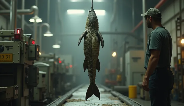 RUGY-SKIN ALLIGATOR FISH IS HANGING IN A LINE Vertical, WORKER IS STANDING PROCESSING, IN A NAHF MACHINE